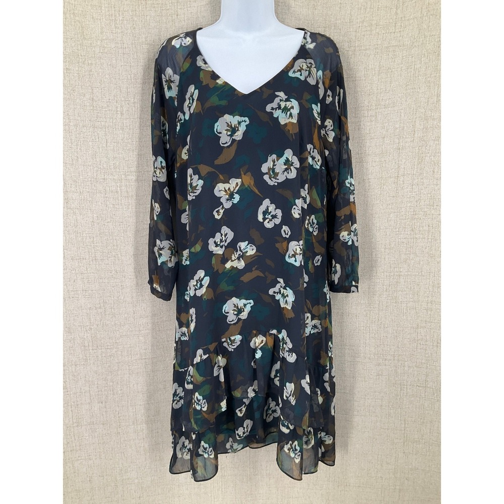 Cabi‎ Floral Shift Dress Womens M Teal Ruffle Drop Waist Boho Bloomcore Office